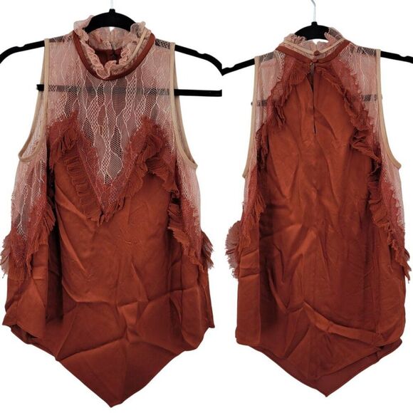Jonathan Simkhai Feminine Ruffled Lace Top Blouse Sz M  Rust Sheer Sleeveless - Picture 1 of 11